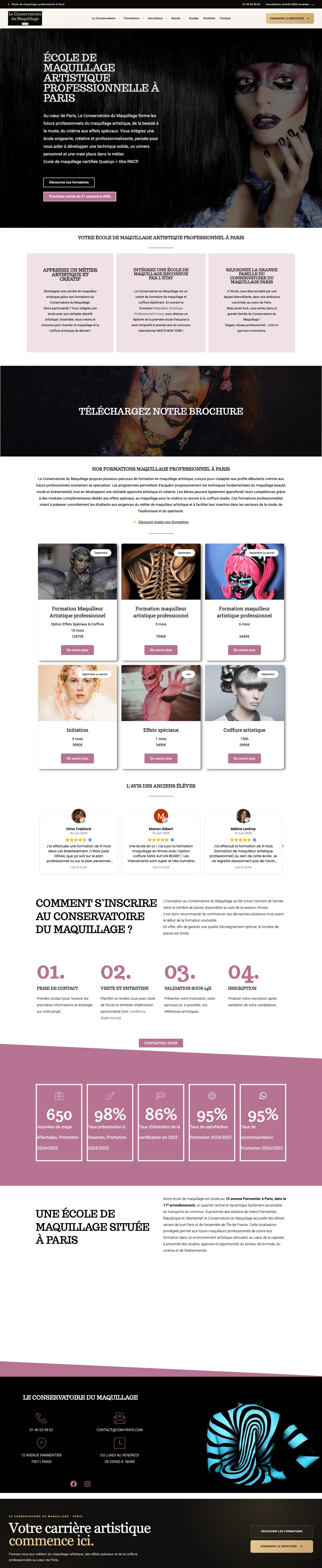 Page d'accueil complète du site Le Conservatoire du maquillage