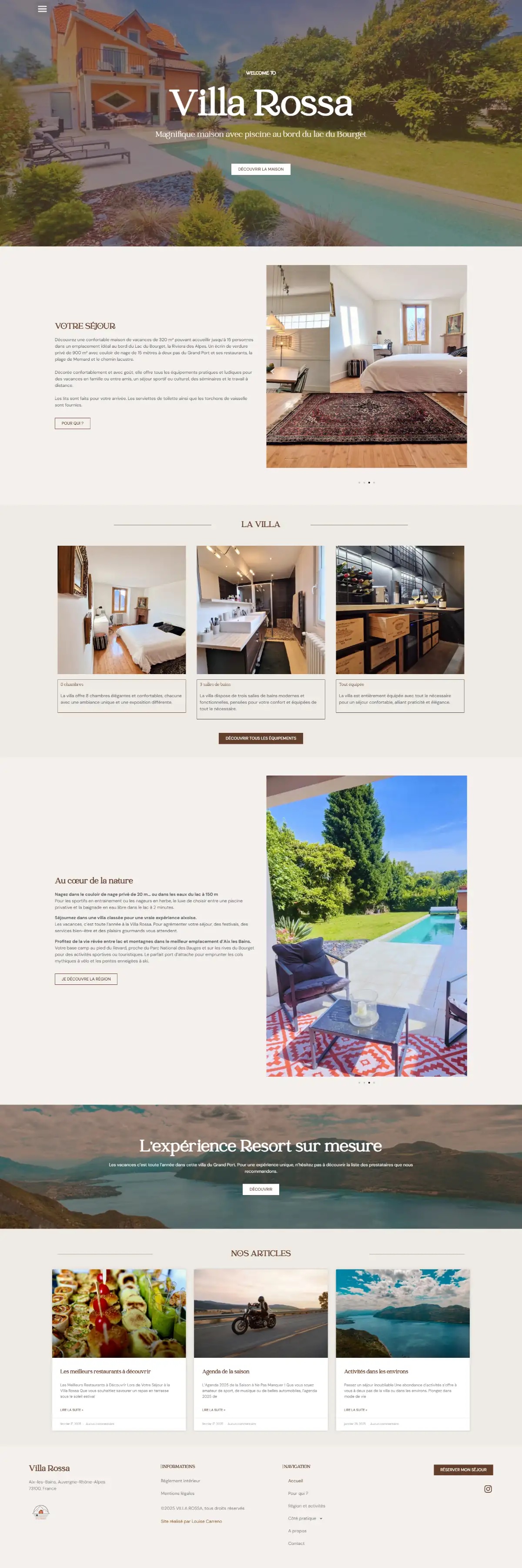 Page d'accueil complète du site Villa Rossa