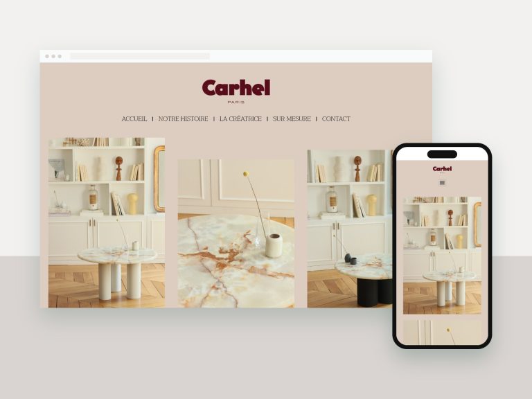Site Carhel Paris, mobilier en marbre, affiché sur ordinateur et smartphone