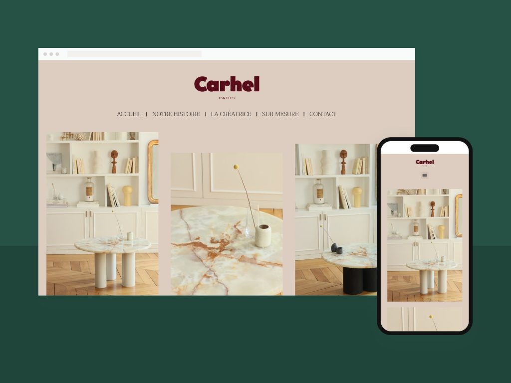 Site Carhel Paris, mobilier en marbre, affiché sur ordinateur et smartphone