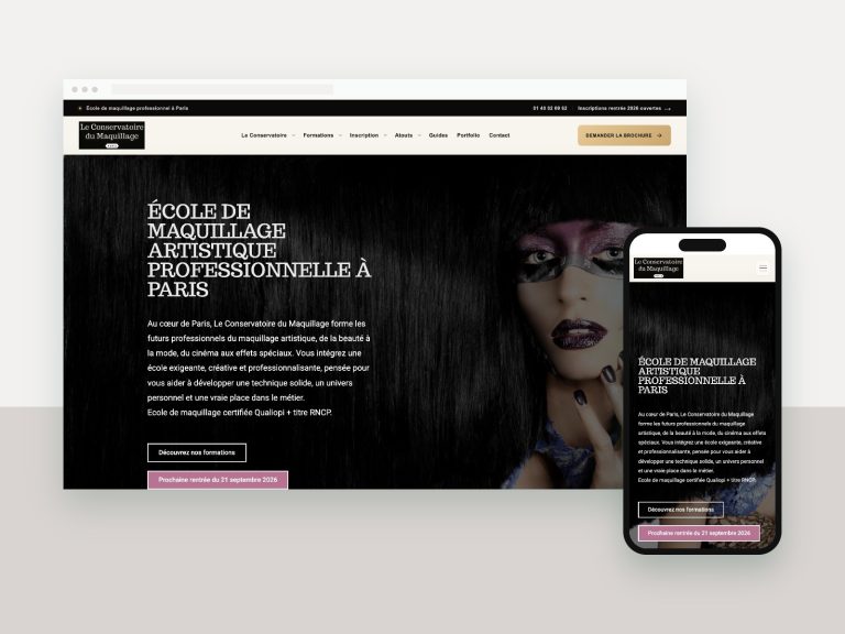 Site du Conservatoire du maquillage, école à Paris, affiché sur ordinateur et smartphone
