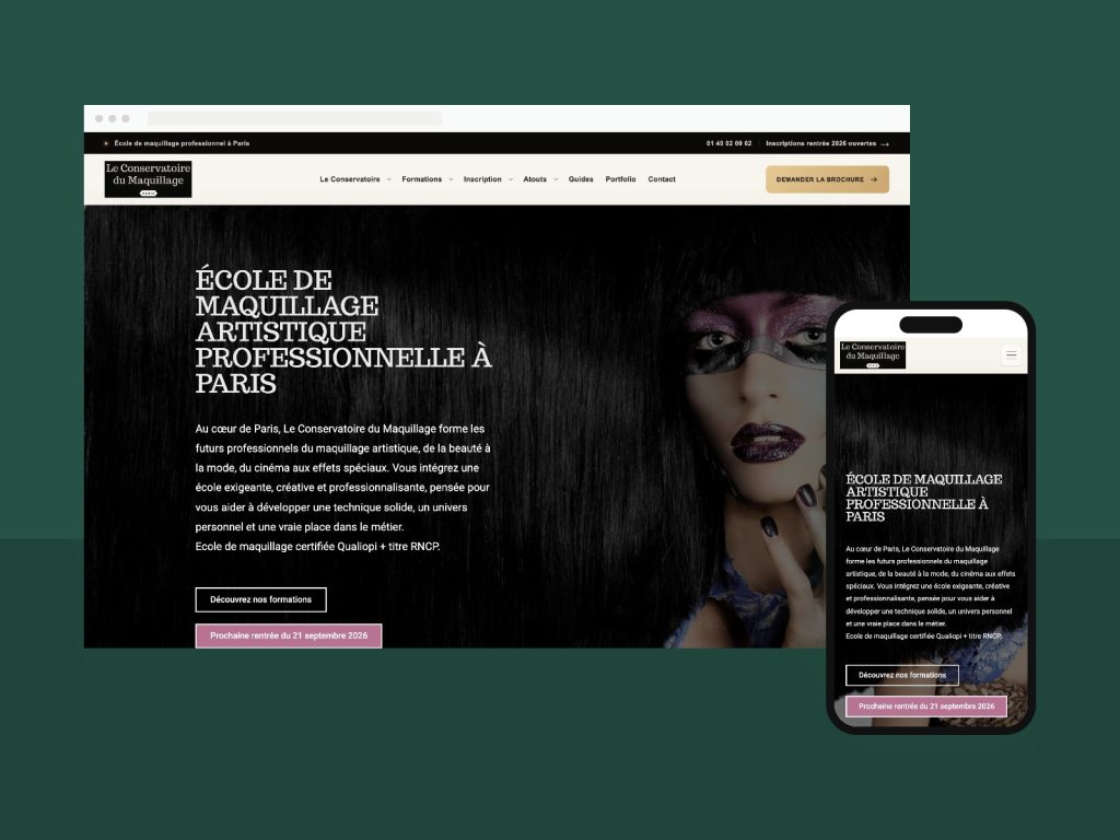 Site du Conservatoire du maquillage, école à Paris, affiché sur ordinateur et smartphone