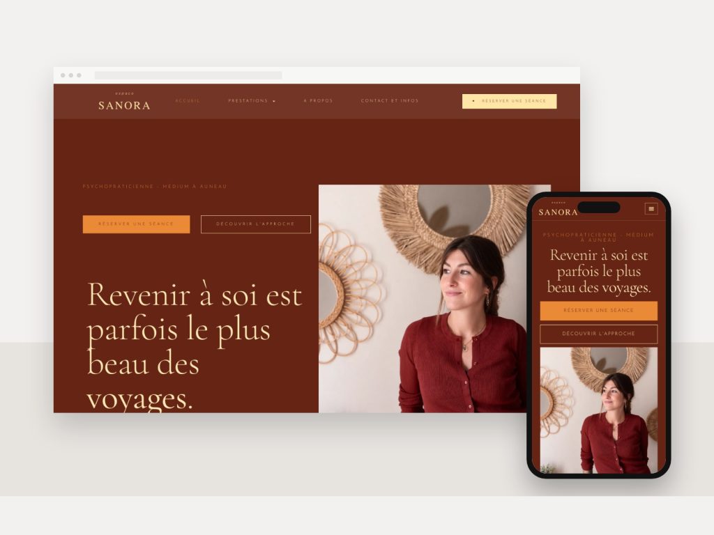 Site d'Espace Sanora, psychopraticienne et médium à Auneau, affiché sur ordinateur et smartphone