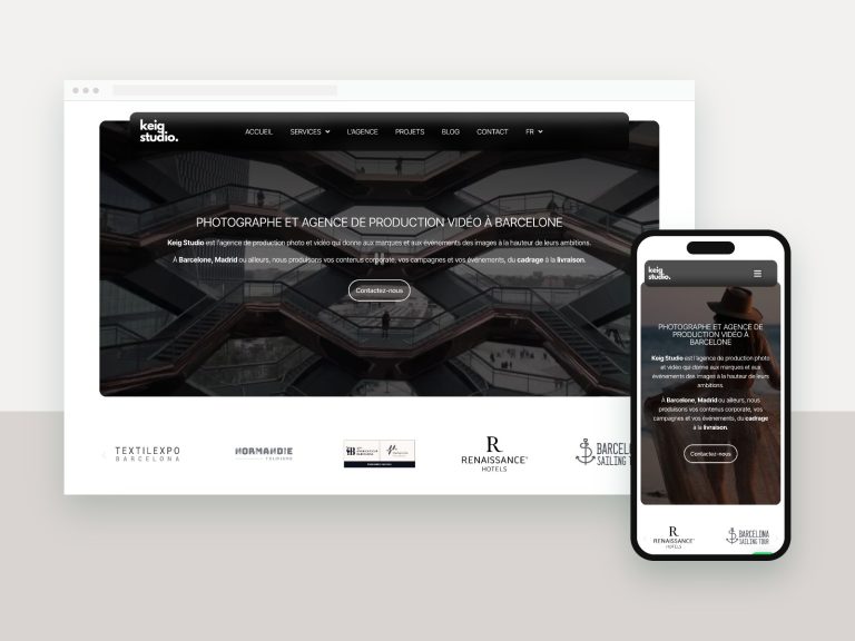 Site Keig Studio, studio photo et vidéo à Barcelone, affiché sur ordinateur et smartphone