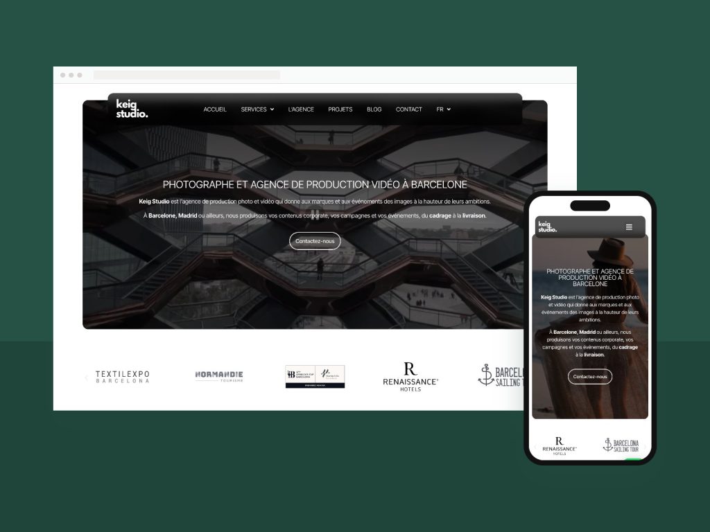 Site Keig Studio, studio photo et vidéo à Barcelone, affiché sur ordinateur et smartphone