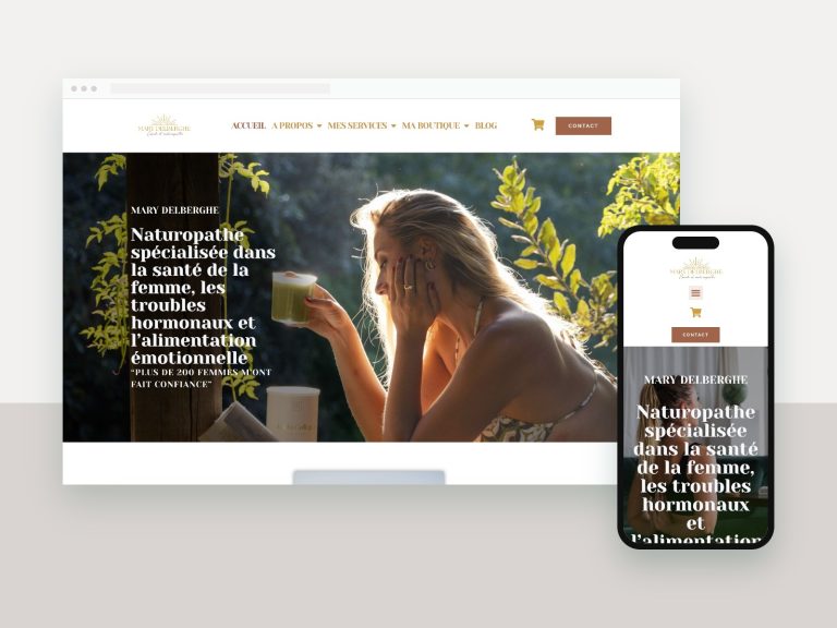 Site de Mary Delberghe, naturopathe, affiché sur ordinateur et smartphone