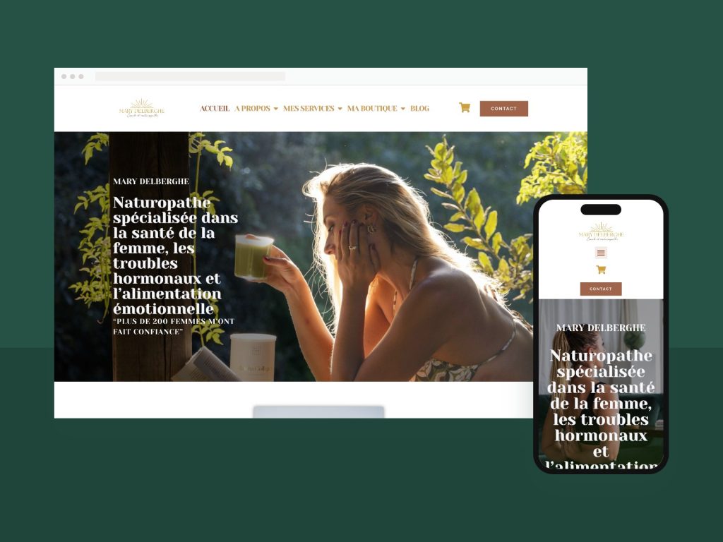 Site de Mary Delberghe, naturopathe, affiché sur ordinateur et smartphone